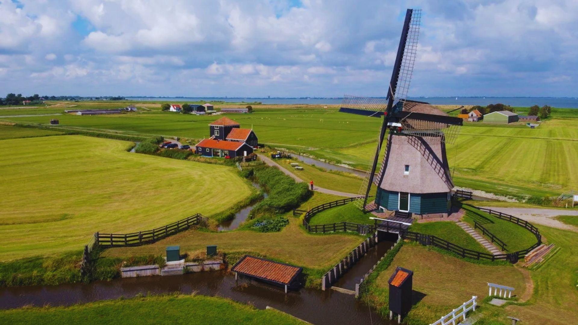 A solitary windmill stands tall in the center of a vast green field under a clear blue sky.