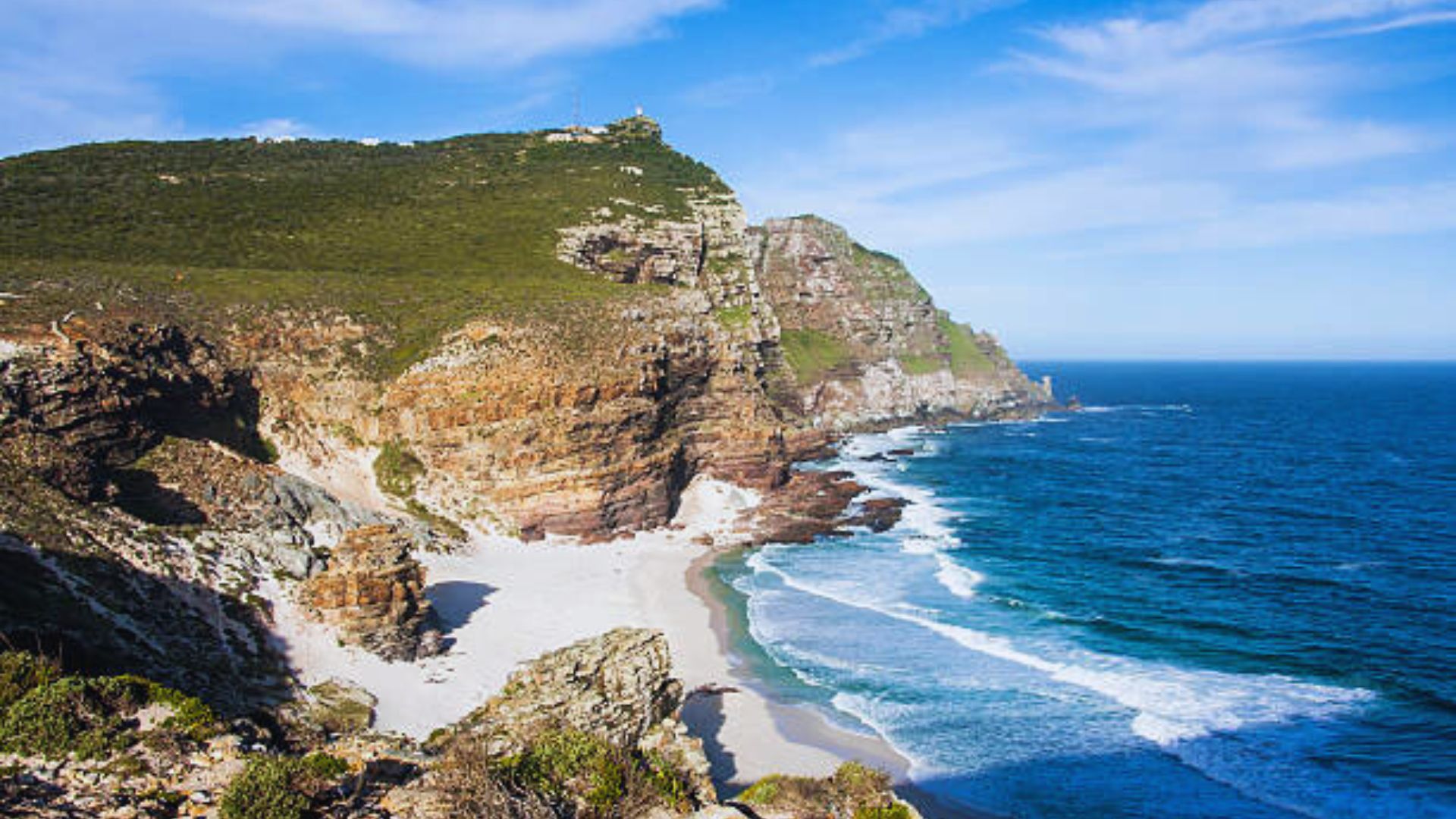 Scenic view of Cape Point, showcasing rugged cliffs and the Atlantic Ocean in Cape Town, South Africa.
