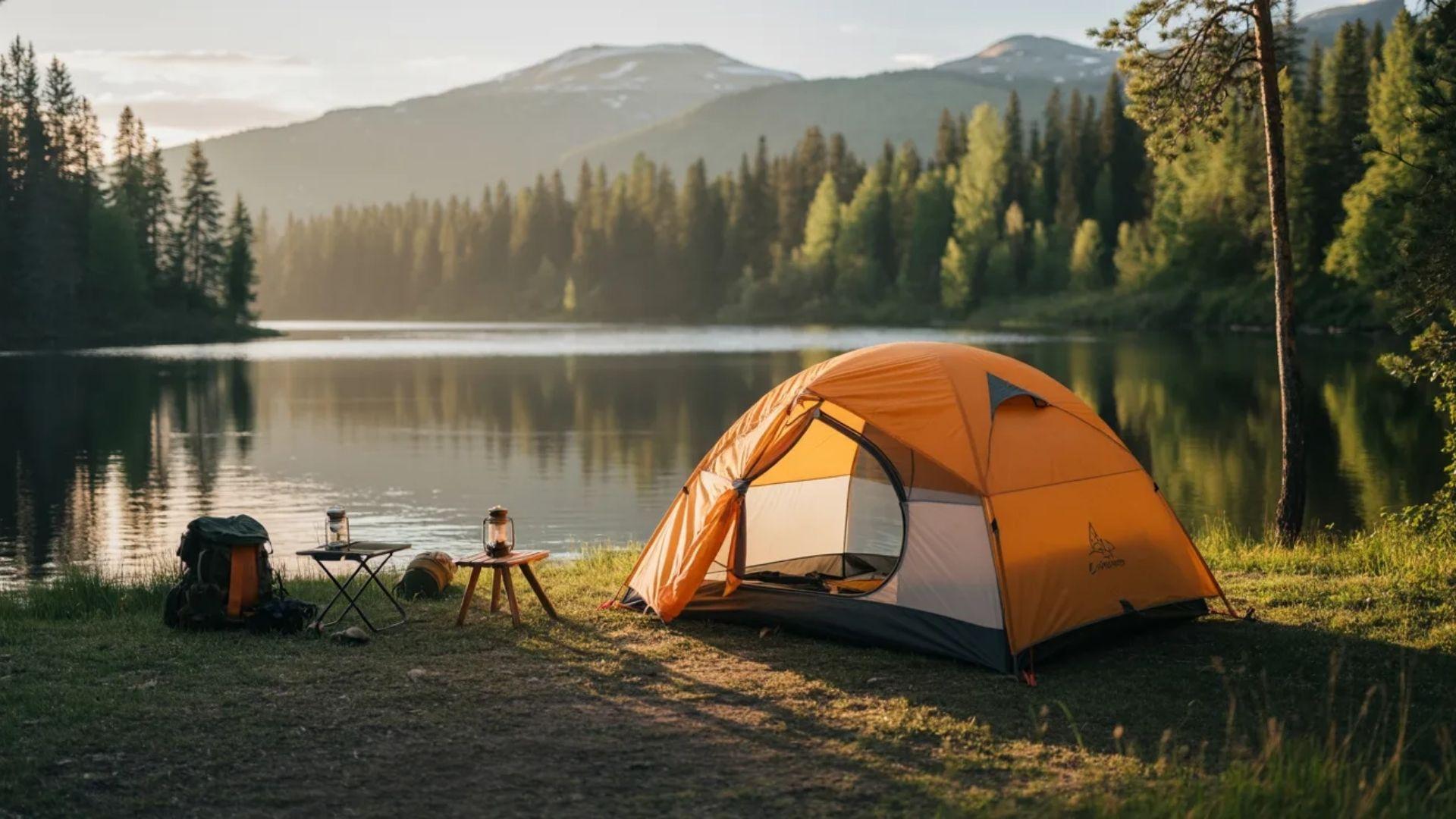 A picturesque camping scene in the mountains featuring a tent, pine trees, and majestic mountain views.