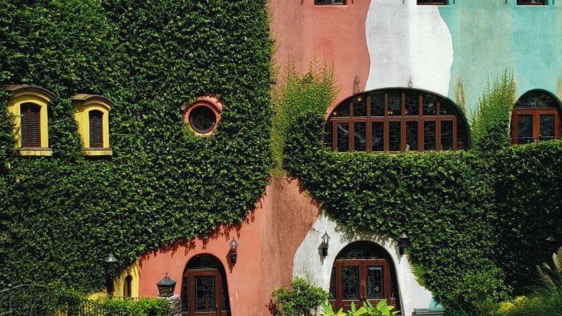 A vibrant house adorned with colorful paint and lush green plants growing on its exterior.