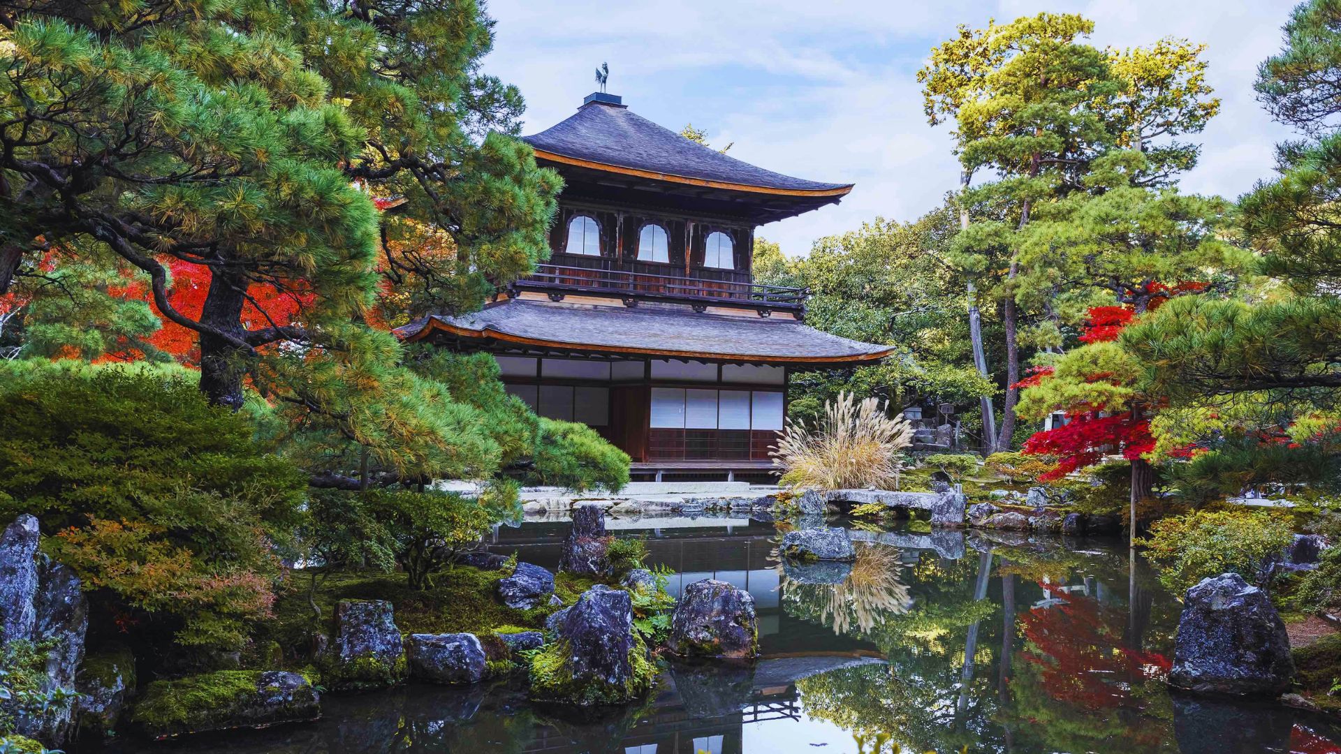 A serene Japanese pagoda stands gracefully in the center of a tranquil pond, surrounded by lush greenery.