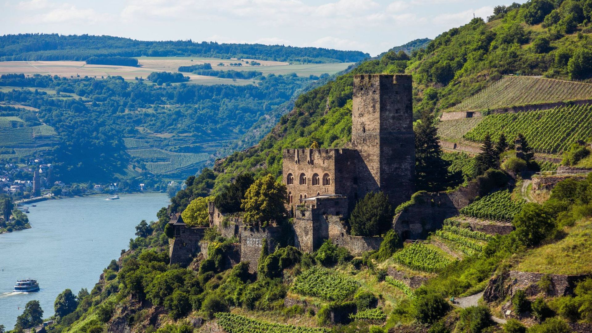 A castle perched on a hill, overlooking a winding river below, surrounded by lush greenery and a clear blue sky.