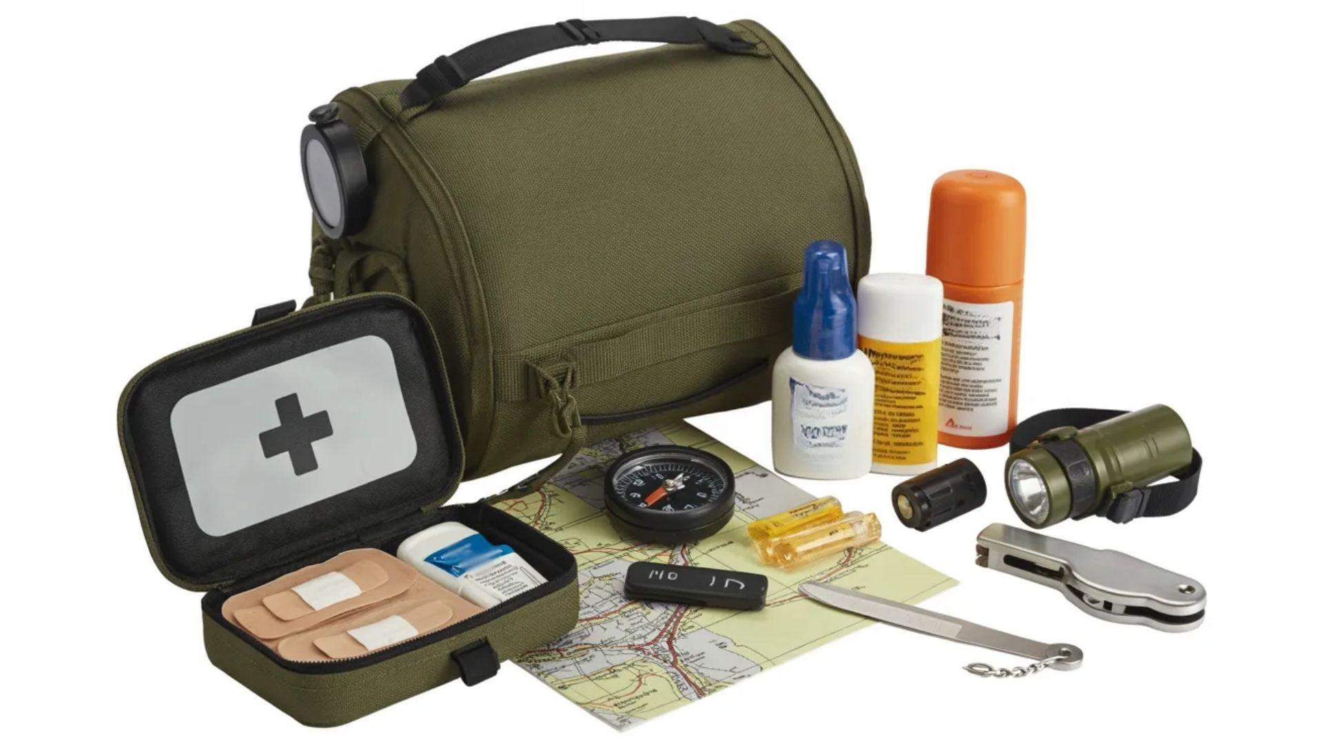 A green backpack containing a first aid kit, flashlight, and various outdoor items for emergency preparedness.