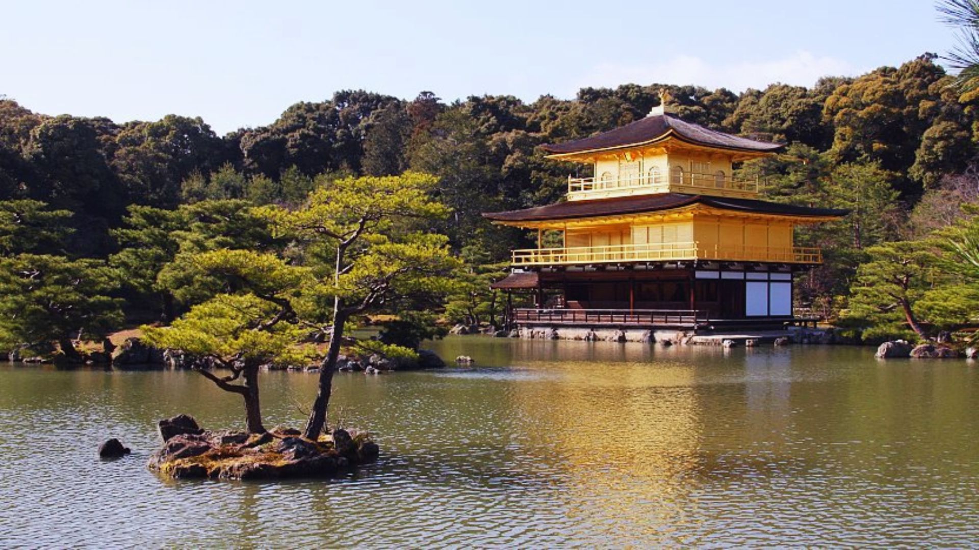 A large yellow building is situated in the center of a serene lake, reflecting its vibrant color on the water's surface.