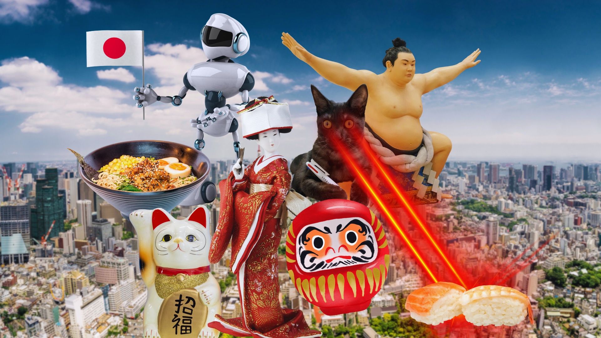 A robot, a cat, a dog, a man, and a woman stand together in front of a city skyline, showcasing a diverse group.