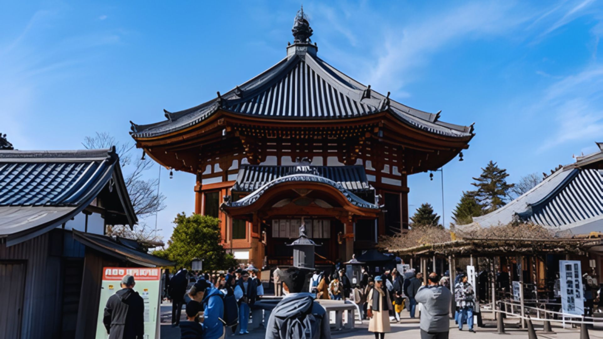 People stroll in front of a traditional pagoda, surrounded by greenery and a clear blue sky.