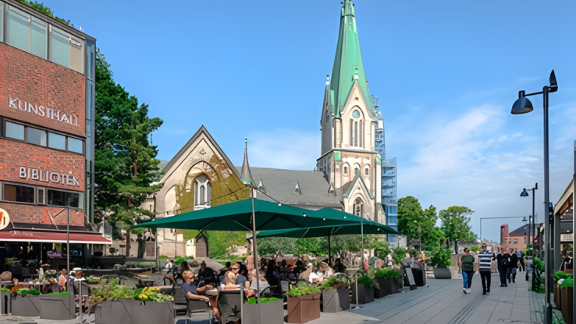 A bustling street scene with people seated outside cafes, featuring a church in the background.