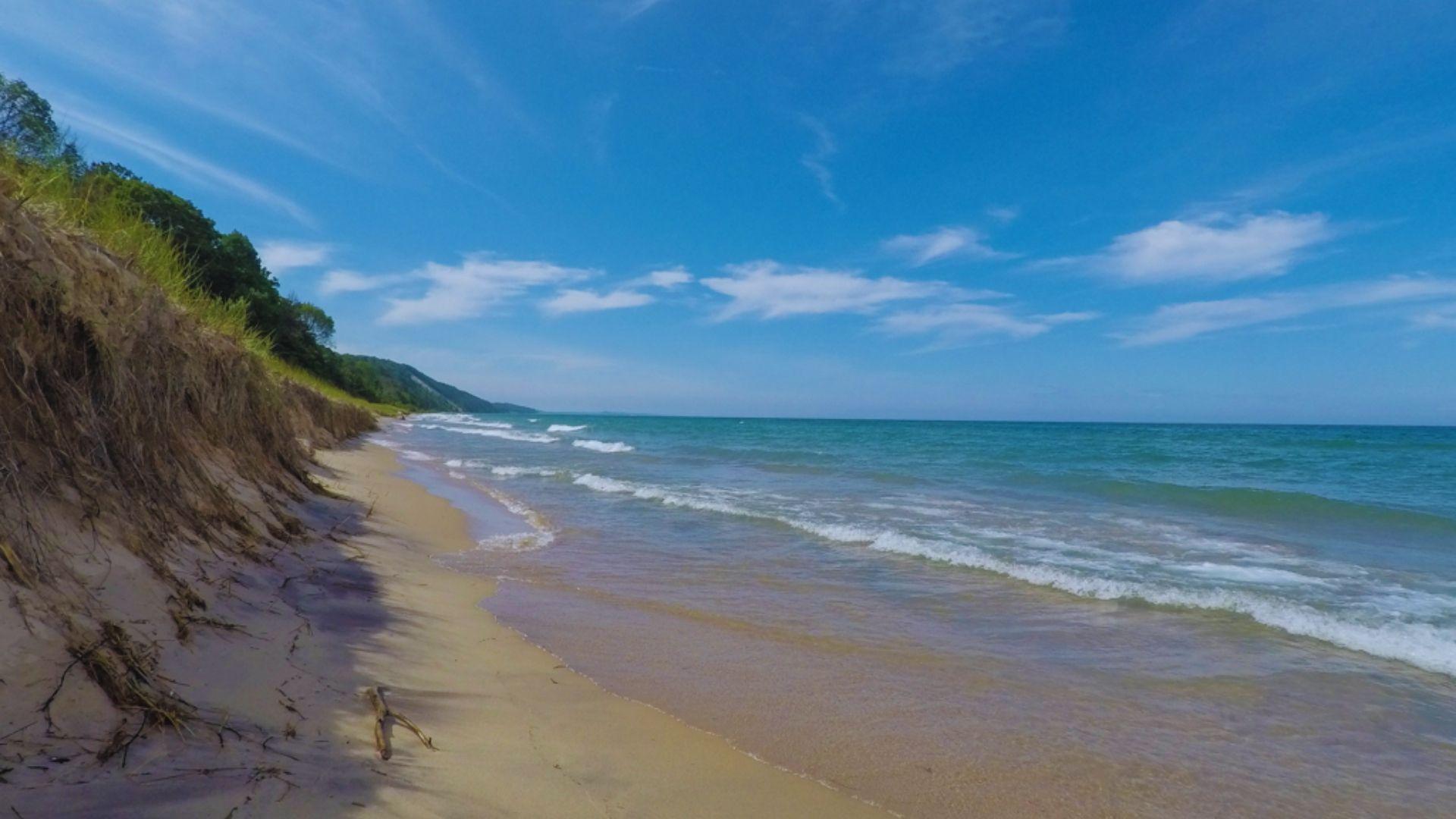 A scenic beach featuring soft sand dunes and lush grass along the shoreline under a clear blue sky.