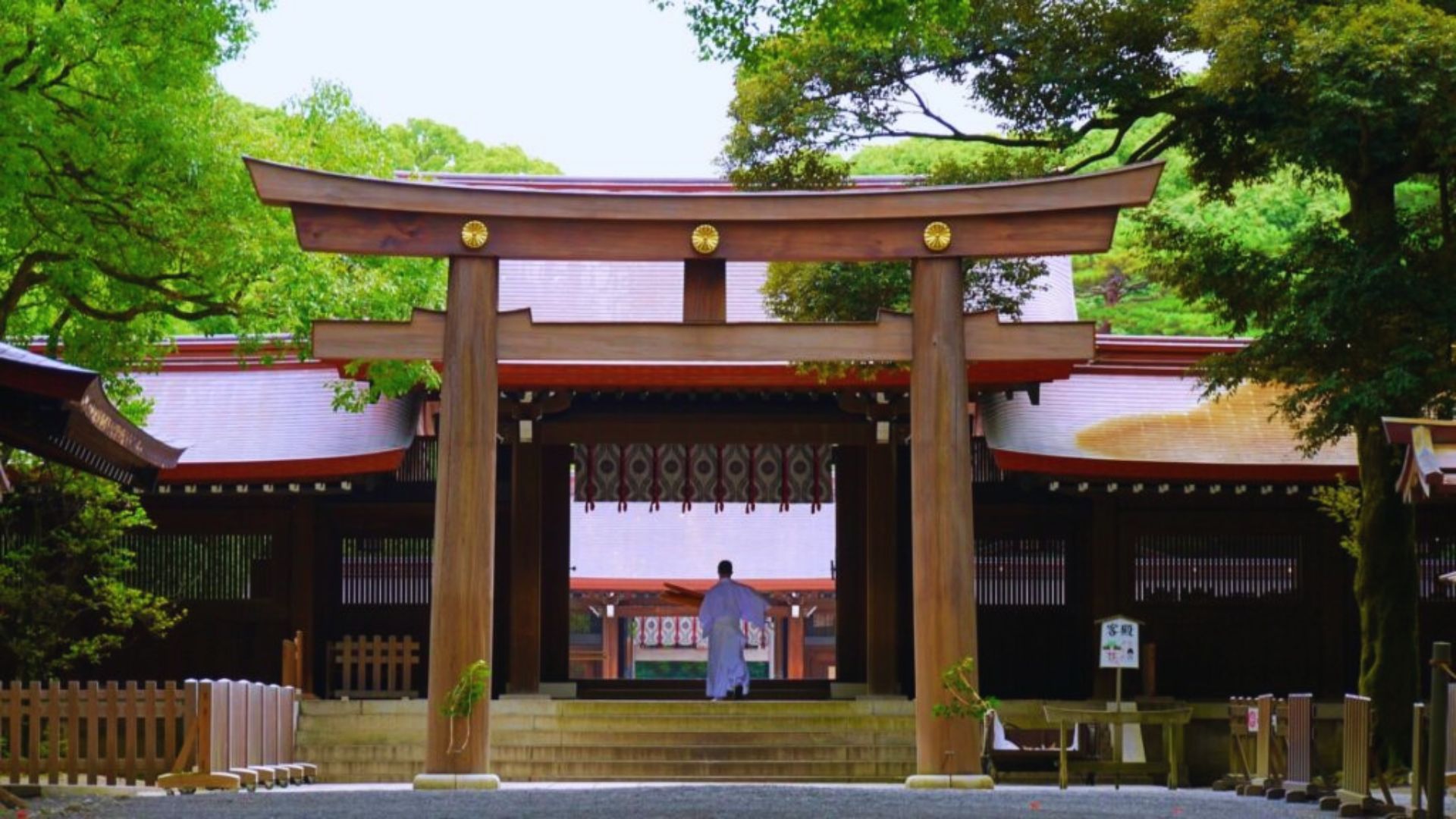 The entrance to a Japanese shrine featuring a traditional torii gate surrounded by lush greenery.