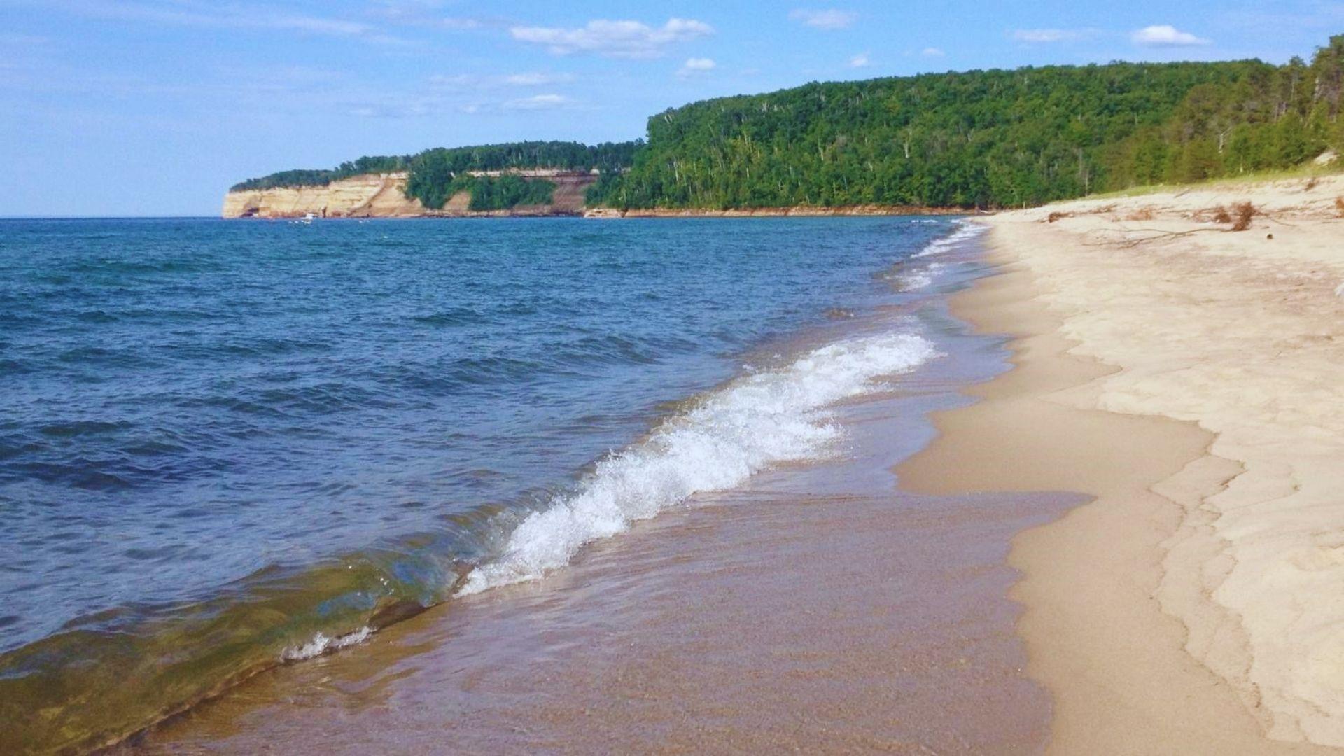 A sandy beach with gentle waves lapping at the shore, framed by lush green trees in the background.
