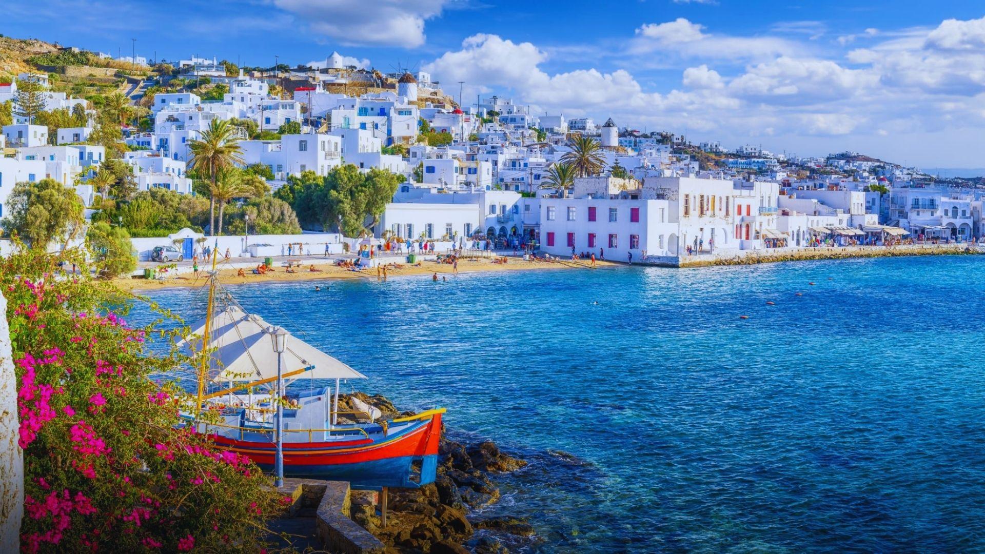Scenic view of Mykonos, Greece, showcasing its charming architecture and vibrant coastal landscape.