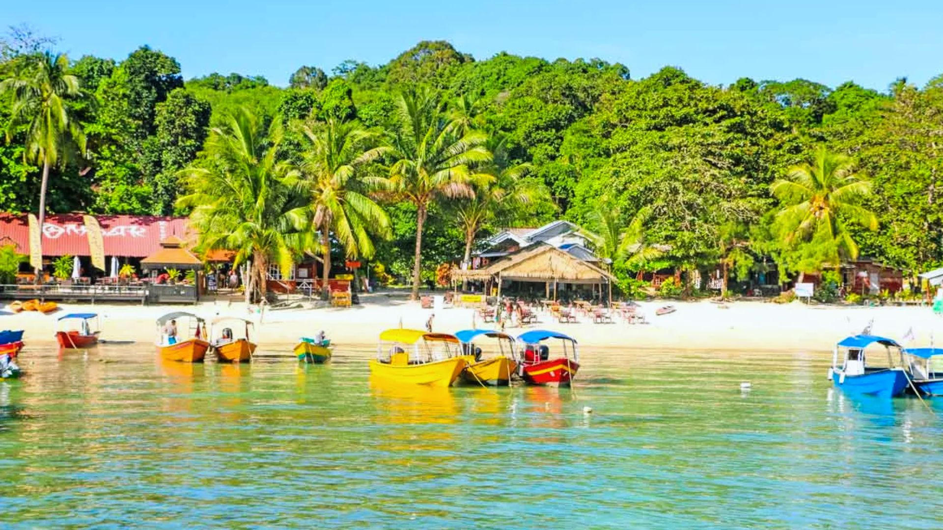 A variety of colorful boats are lined up at the beach, creating a vibrant scene against the sandy shore.