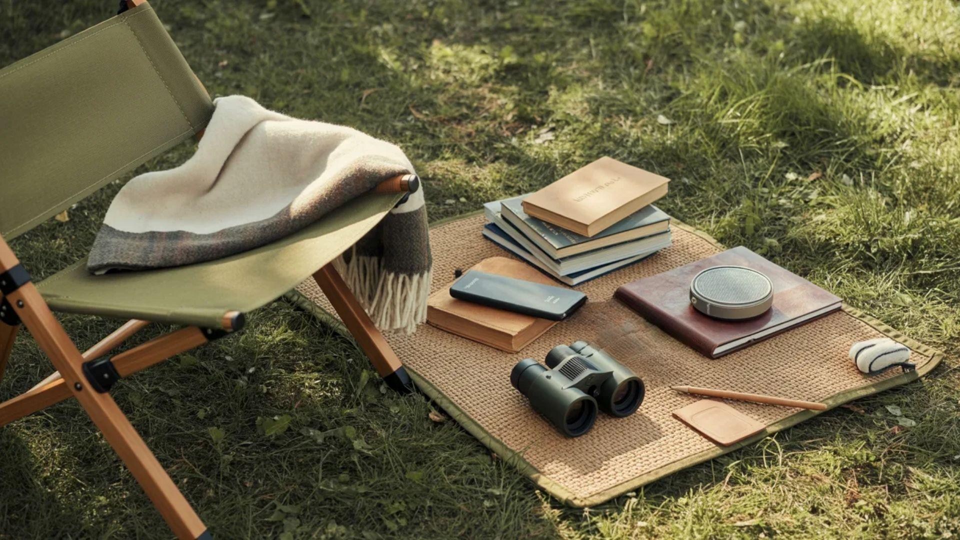 A chair with a collection of books, a folded blanket, and a hat casually resting on it.