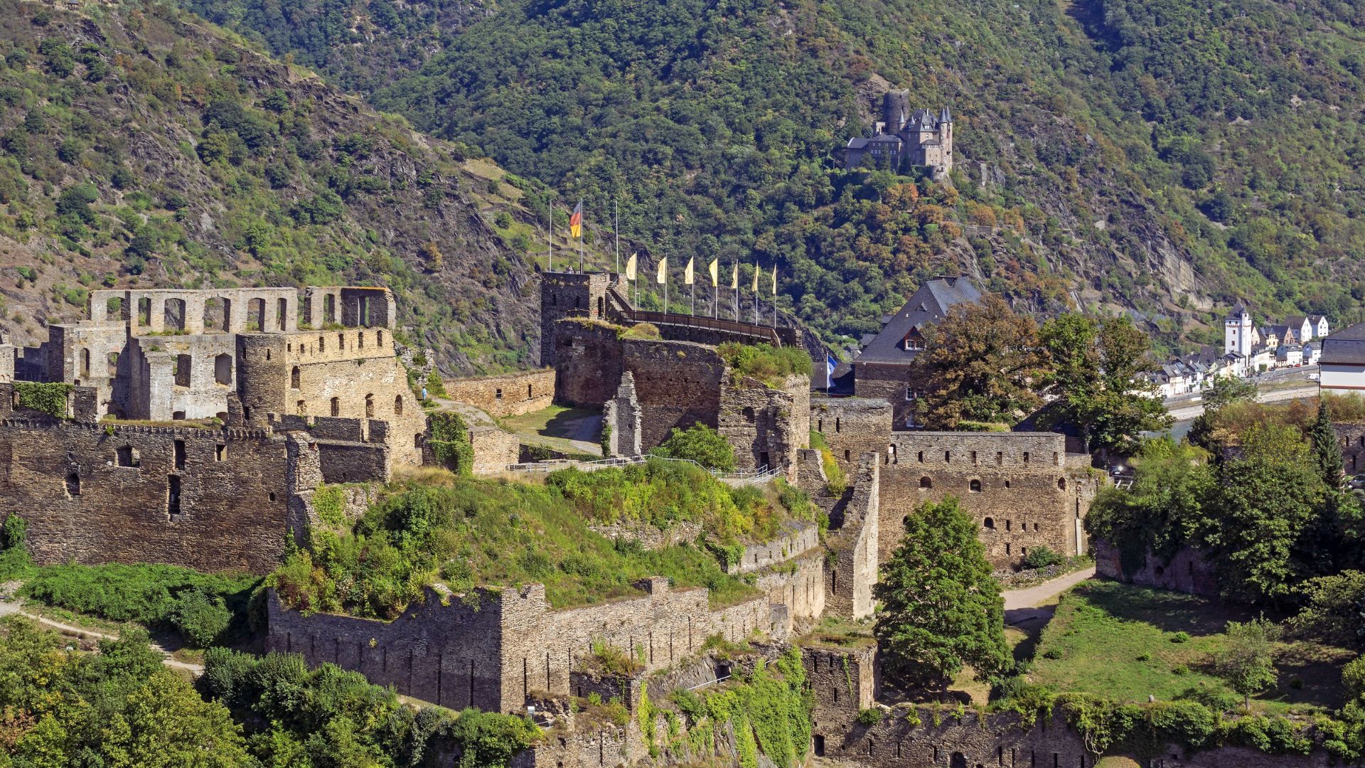 A castle perched atop a hill, encircled by lush green trees, creating a picturesque landscape.