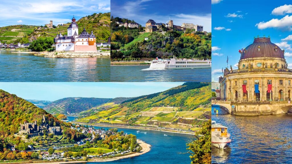 Four images showcasing the same building alongside a river, highlighting different angles and times of day.