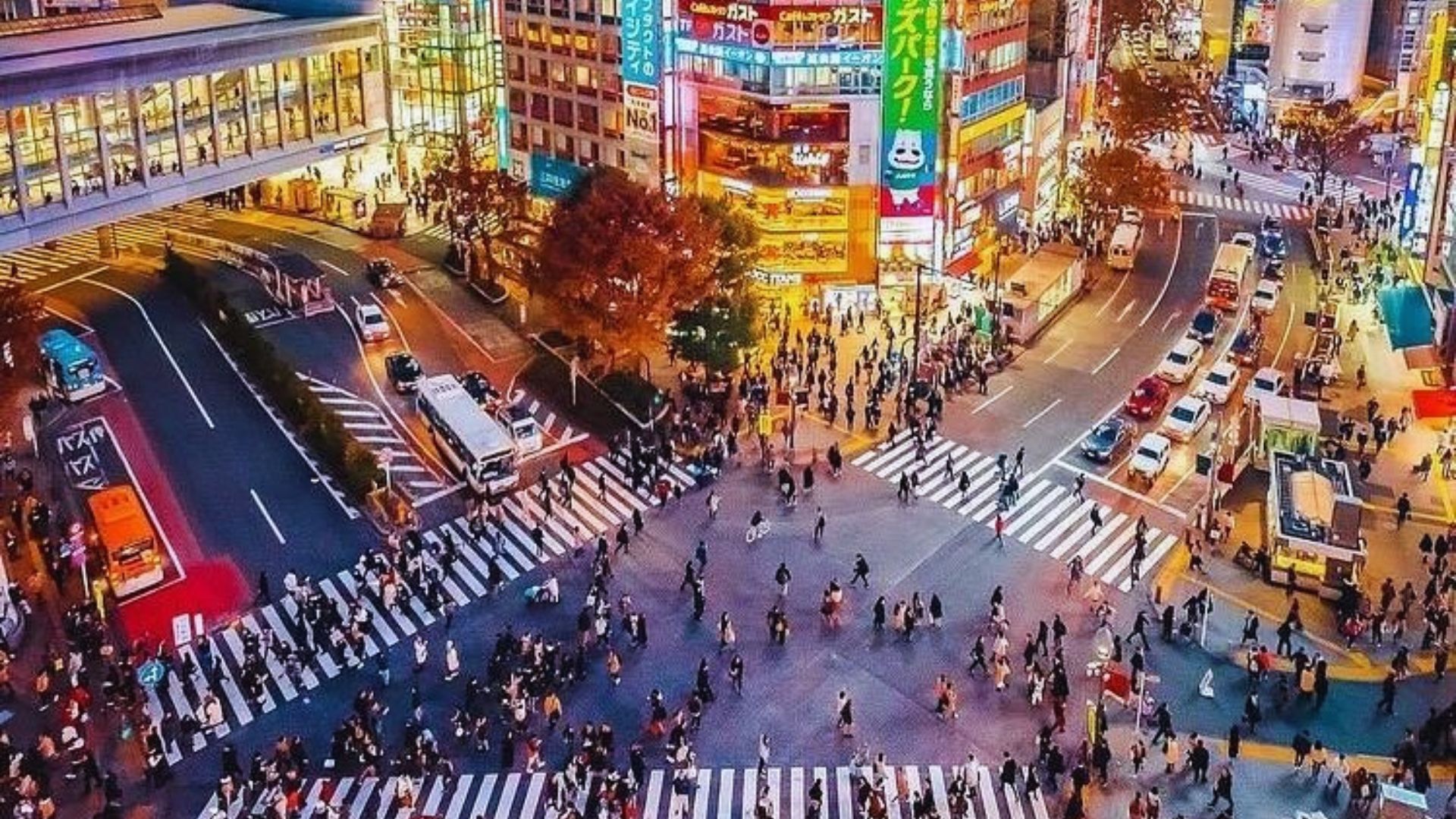 A vibrant city street at night, showcasing people walking and crossing amidst illuminated buildings and traffic.