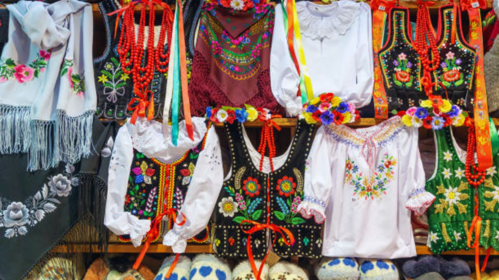 A showcase of assorted colorful clothing and accessories for sale, highlighting various styles and designs.