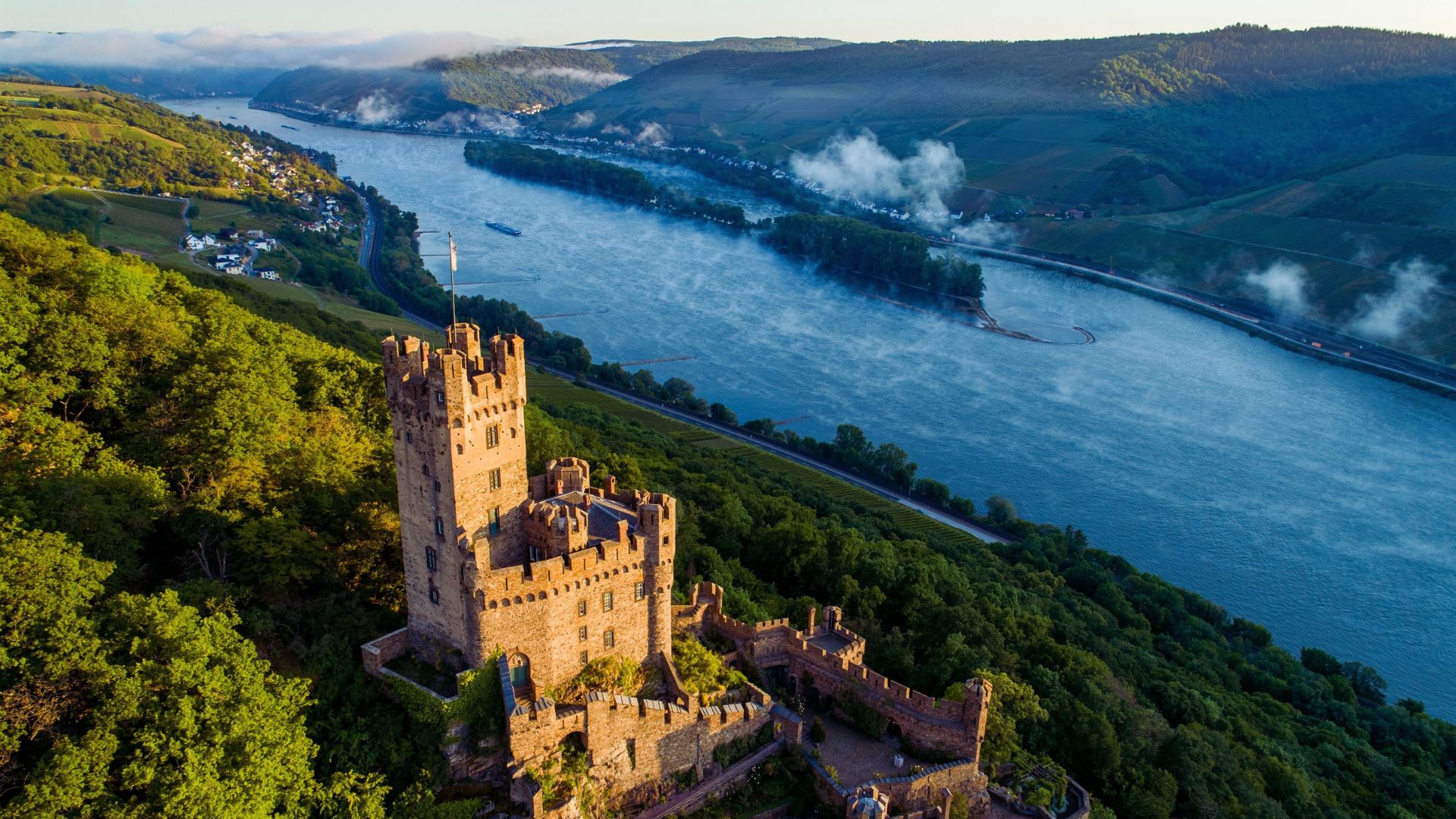 A scenic view of a historic castle overlooking the Rhine River in Germany, surrounded by lush greenery and blue skies.