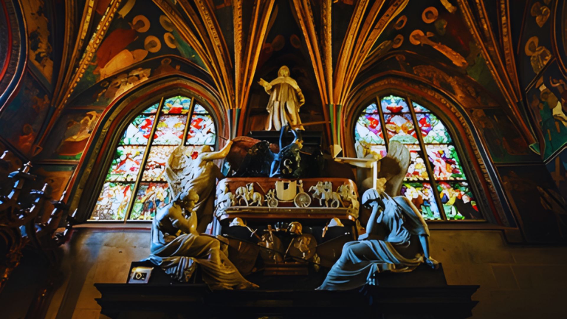 Interior of a church featuring ornate statues and colorful stained glass windows illuminating the sacred space.