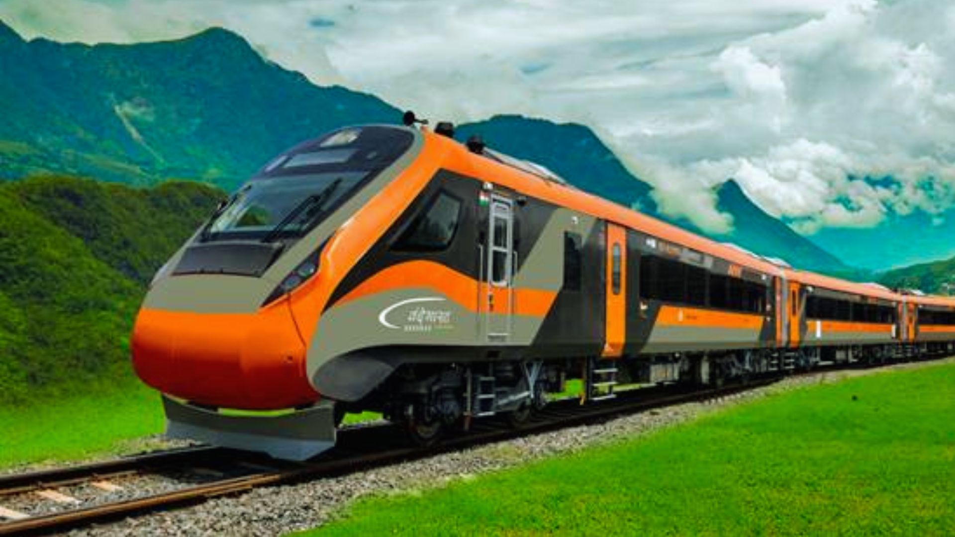 A train travels along tracks through scenic mountains, surrounded by lush greenery and rocky peaks.