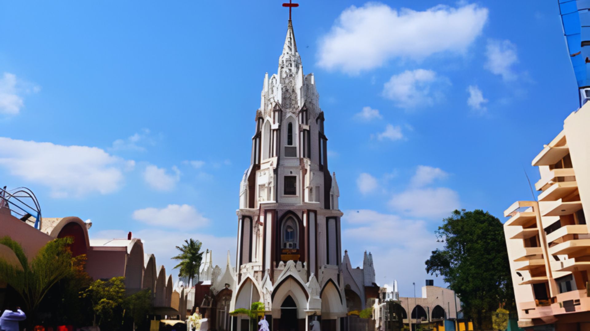 A white church with a tall steeple, standing majestically in a serene landscape.