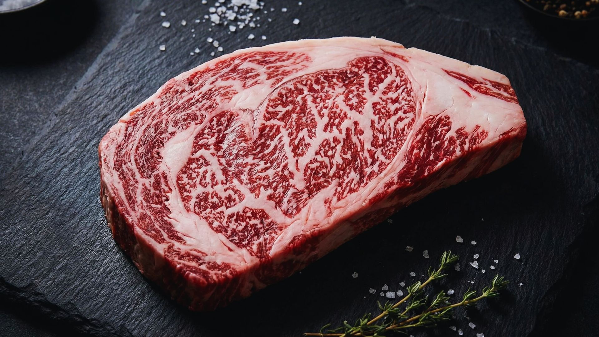 A large, juicy steak displayed on a smooth black slate surface, highlighting its rich color and texture.
