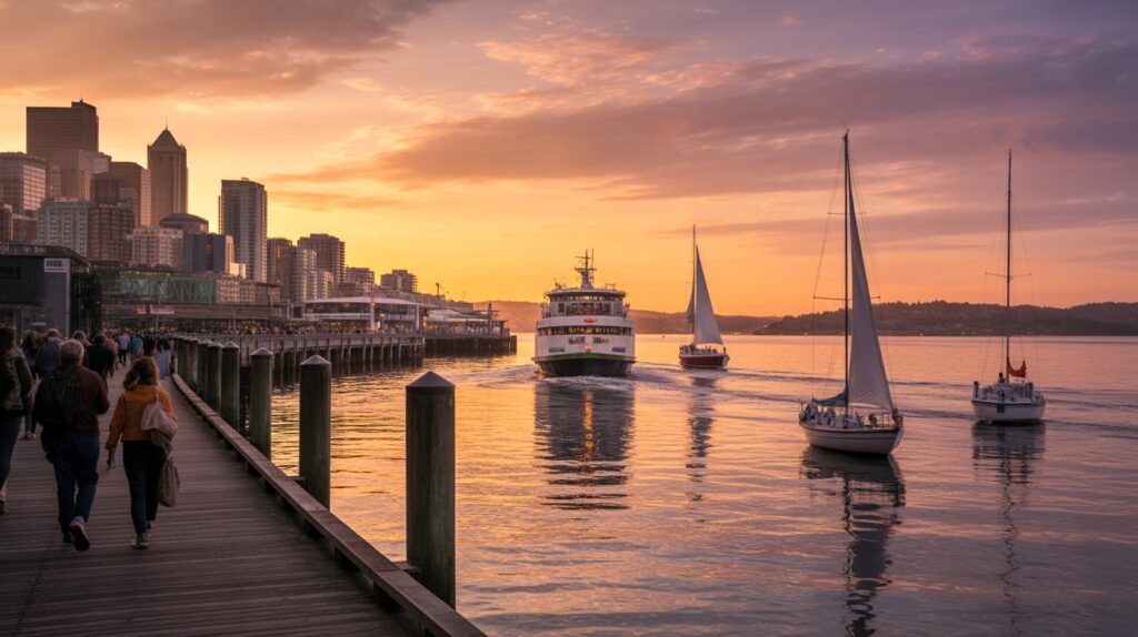 People walk on a waterfront boardwalk as a ferry and two sailboats move through the water at sunset with a city skyline in the background.