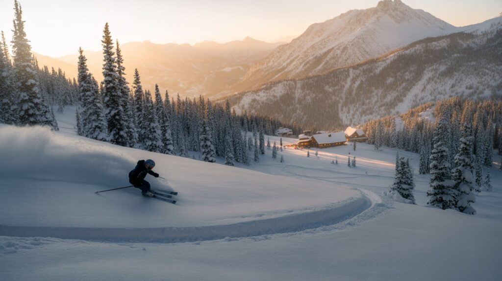 For Those Who Chase Snow and Stories: How to Travel Colorado Like a Skier, Not a Tourist A skier carves through fresh powder on a snowy slope at sunrise, with snow-covered trees around and a mountain cabin in the background. Serene and adventurous.