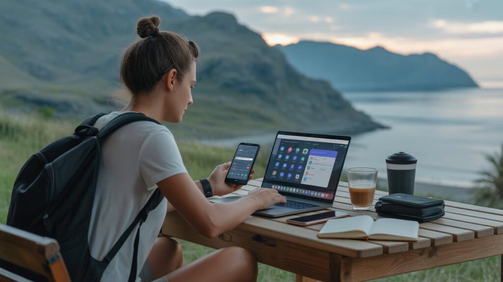 How nomadic entrepreneurs are organising their business A woman with a backpack works at a wooden table outdoors, using a laptop and smartphone. She overlooks a serene lake and mountains, with a calm, focused expression.