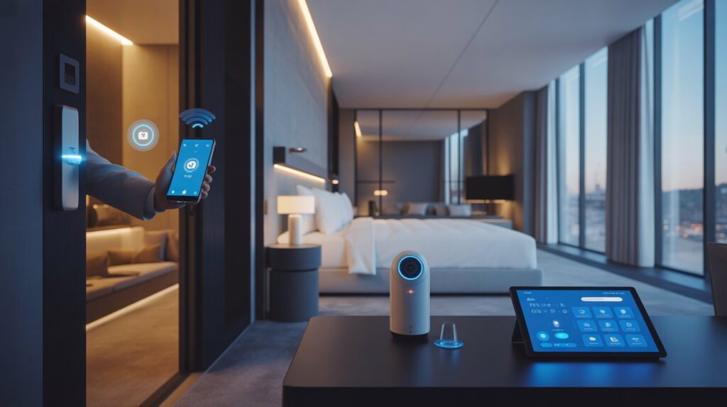 Modern hotel room with smart technology; person using a smartphone to unlock the door. Inside, a tablet and smart devices control the ambient lighting.