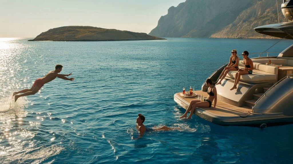 Four Unforgettable Experiences Only Available by Yacht A person dives into clear blue water from a yacht, where three others relax, enjoying drinks. The setting is serene, with a mountainous island in the background.