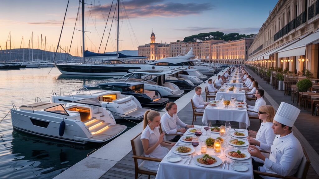 Elegant waterfront dining scene at sunset, featuring guests and chefs seated at candlelit tables along a marina with luxury yachts moored nearby.