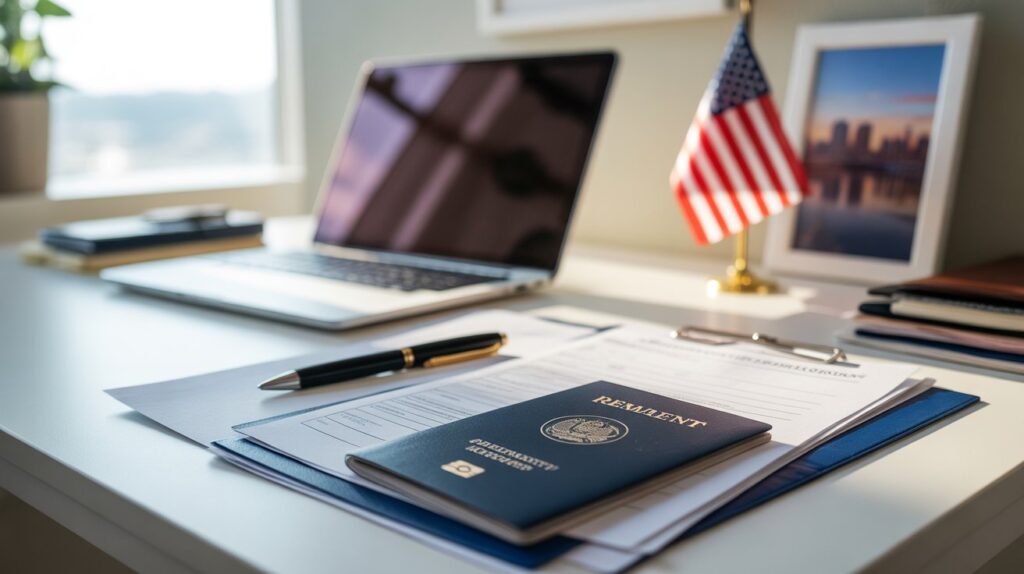 A passport, laptop, and pen are placed on a desk alongside an American flag, symbolizing travel and work.