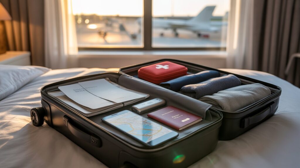 3 Essential Ways to Prepare for Travel Mishaps Before You Go A suitcase open on a bed, filled with clothes and various travel items scattered around it.