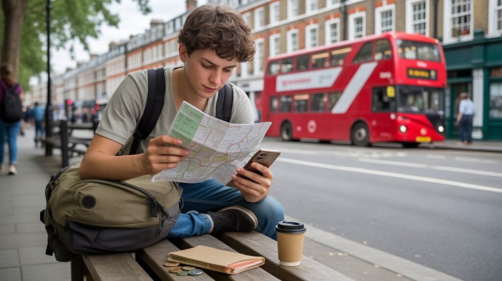 A young man sits on a bench in an urban street, examining a map and phone. A red double-decker bus passes by. A backpack and coffee cup are nearby.