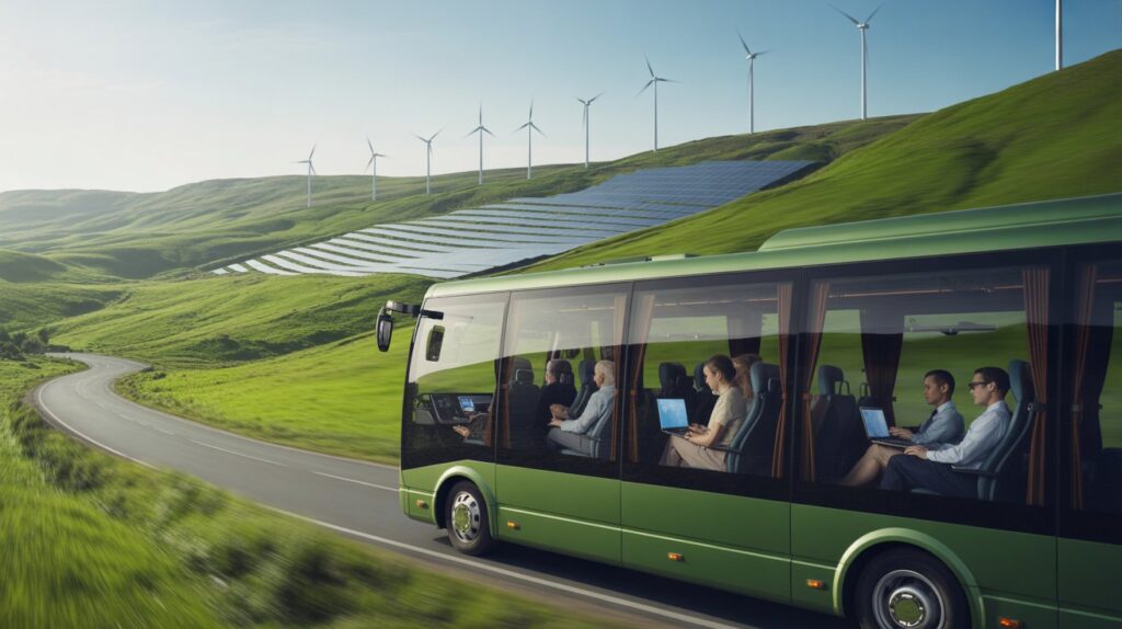 A bus travels down a road with several wind turbines visible in the background against a clear sky.