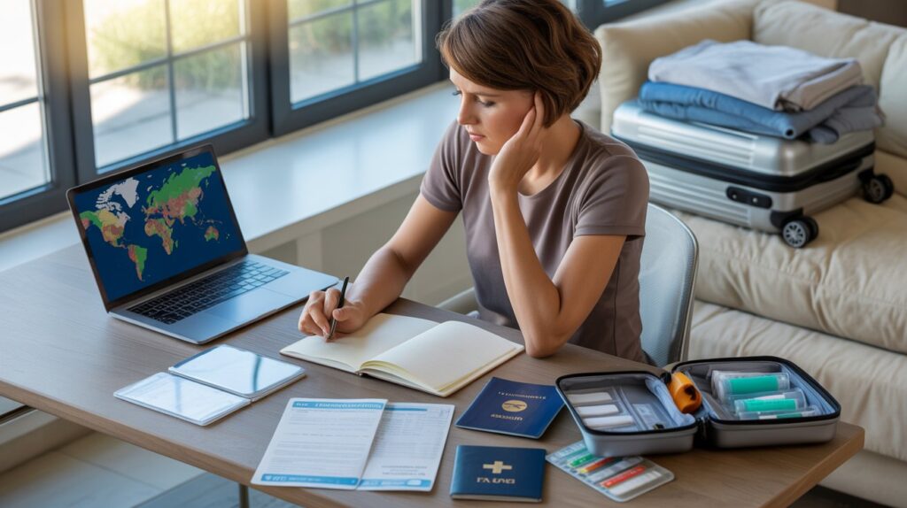 A woman seated at a table, using a laptop with a passport beside her, indicating travel preparations.