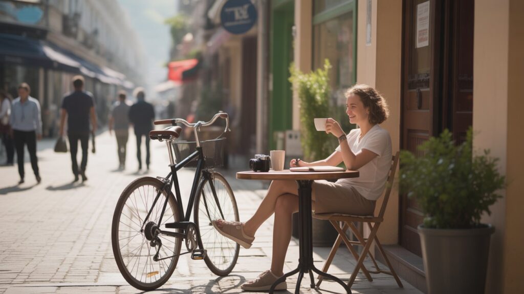 Why slow travel is one of the biggest travel trends A woman sits at a café table on a sunny street, smiling while holding a coffee cup. A bicycle is parked nearby, and people walk in the background.