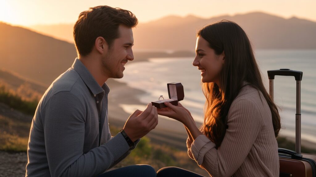 A man and woman sit on a hillside with a suitcase and an engagement ring, sharing a moment of anticipation and joy.