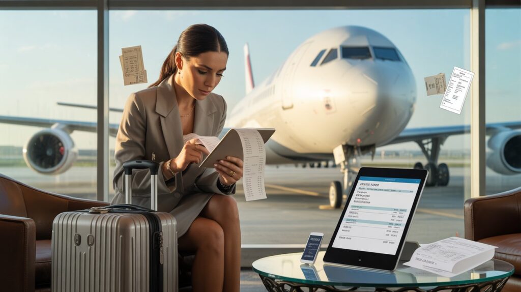 A woman in a business suit sits in front of an airplane, exuding professionalism and readiness for travel.