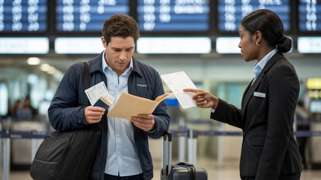 Common Travel Documentation Mistakes That Can Delay Your International Plans A man at an airport looks perplexed as he holds travel documents, while a woman in a uniform points at a paper, indicating urgency. Departure boards are blurred.