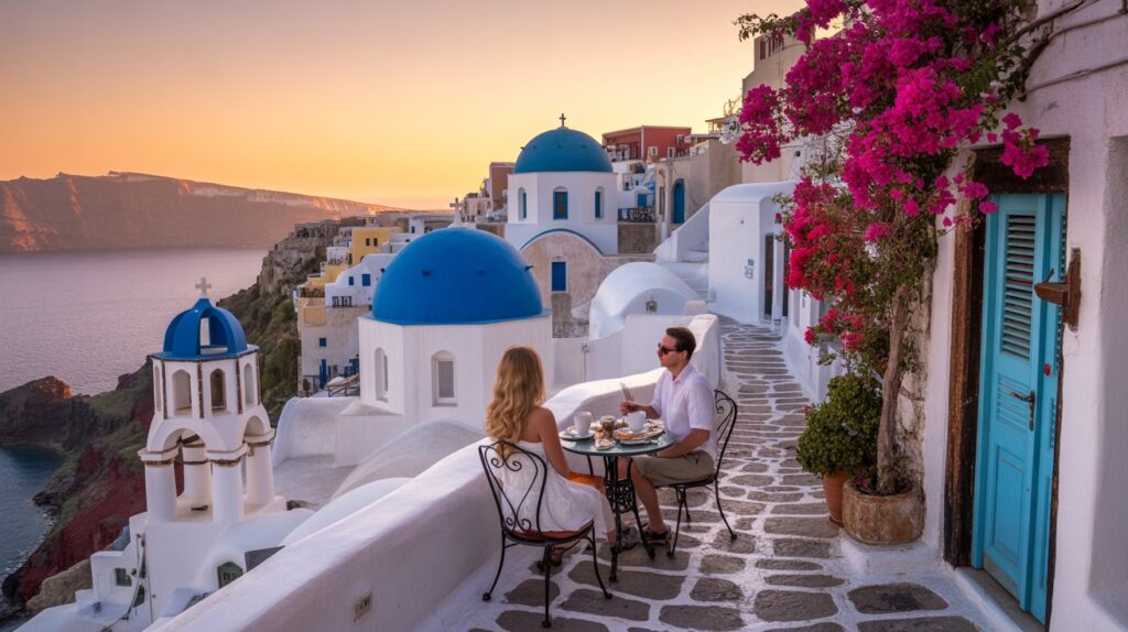 A couple enjoys breakfast on a patio overlooking Santorini's iconic white buildings with blue domes at sunrise, surrounded by vibrant pink flowers.