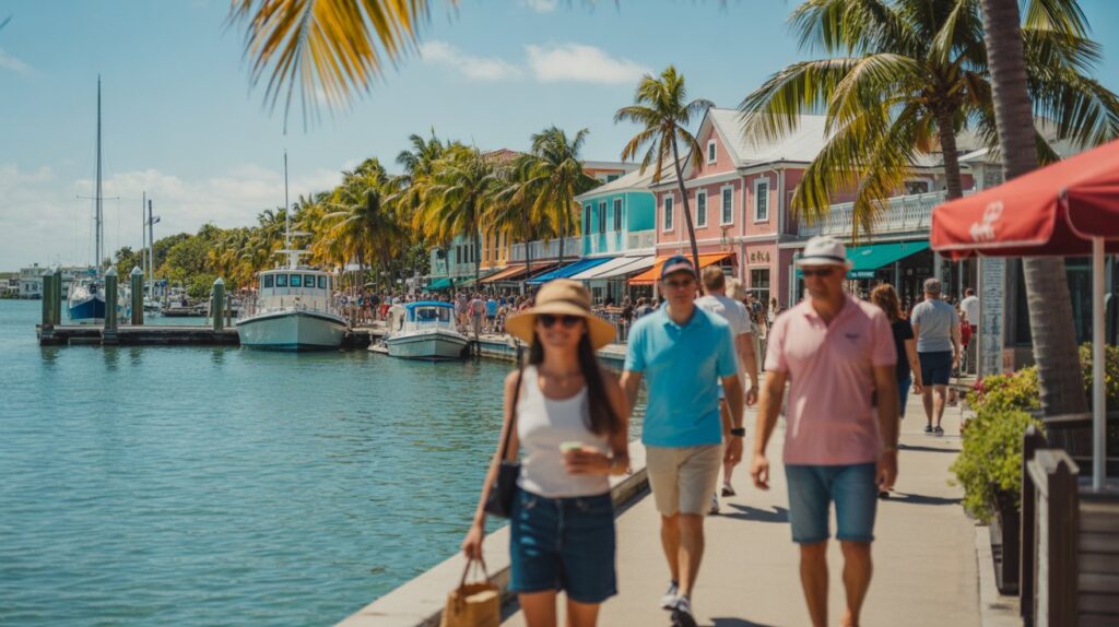 People stroll along the waterfront, passing shops with colorful displays in a lively outdoor setting.