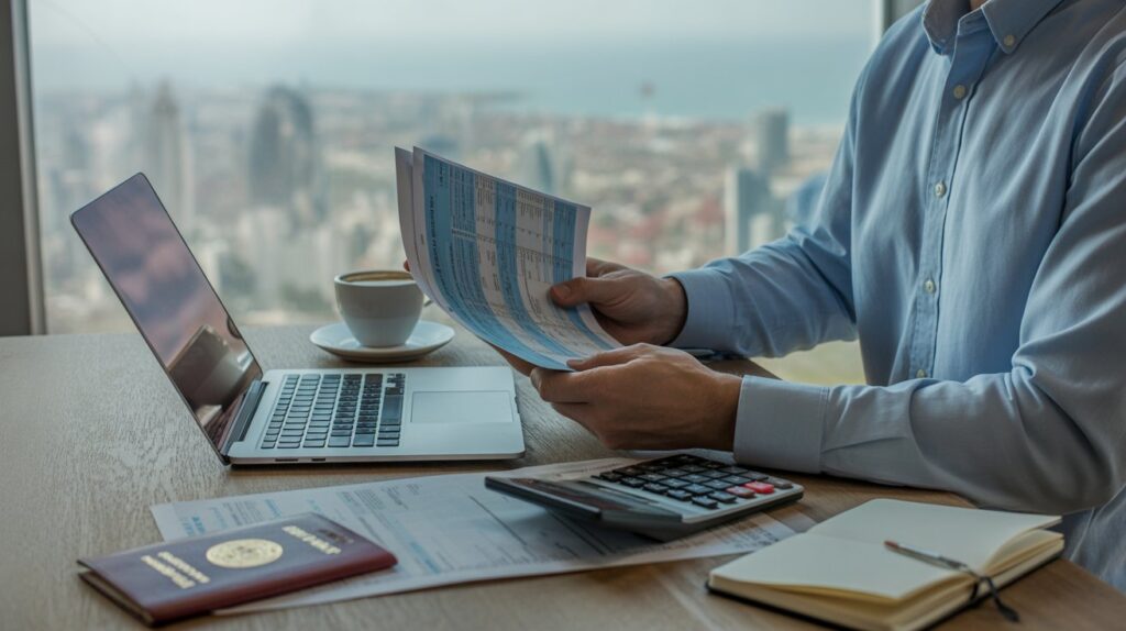 A person in a blue shirt examines financial documents at a desk with a laptop, calculator, coffee cup, notebook, and passport, overlooking a cityscape.