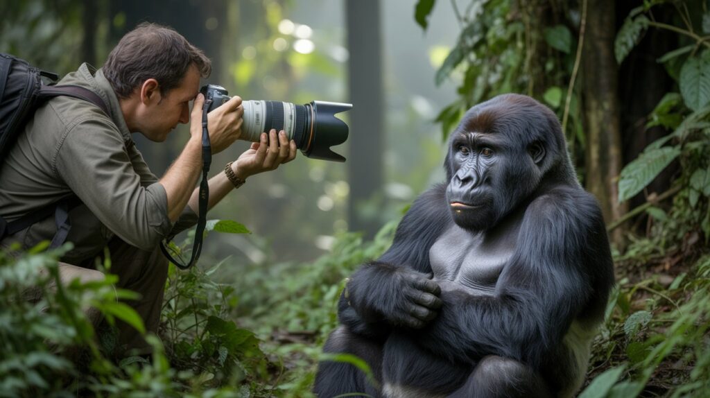 A photographer’s guide to capturing the Mountain Gorilla A photographer in the jungle captures a close-up of a tranquil gorilla sitting among lush greenery, highlighting a serene, natural interaction.