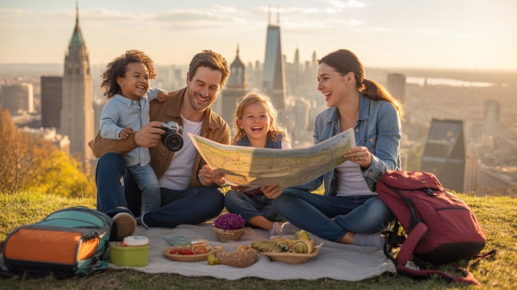 A family sits on a hill, examining a map while a backpack rests beside them, enjoying a day outdoors.
