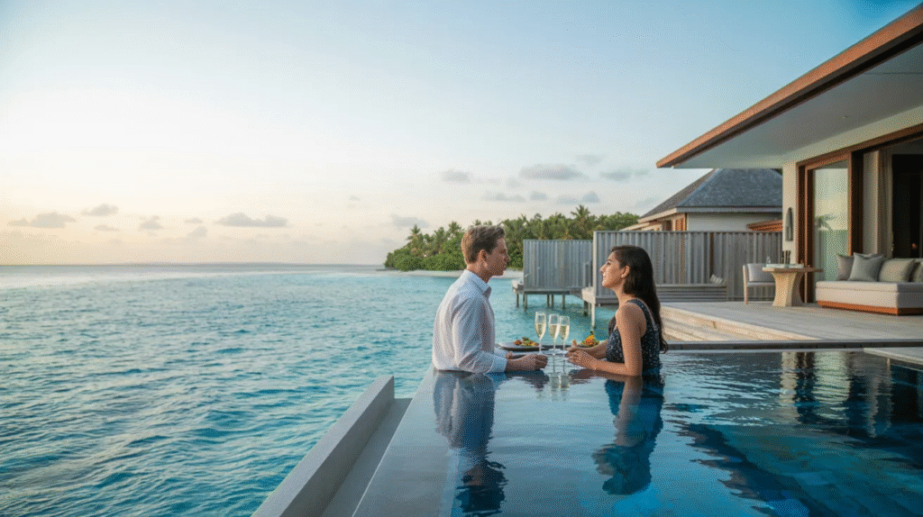 The Most Luxurious Travel Destinations for Couples A couple enjoys a romantic dinner in a pool at a luxurious Maldives resort, surrounded by tropical scenery.