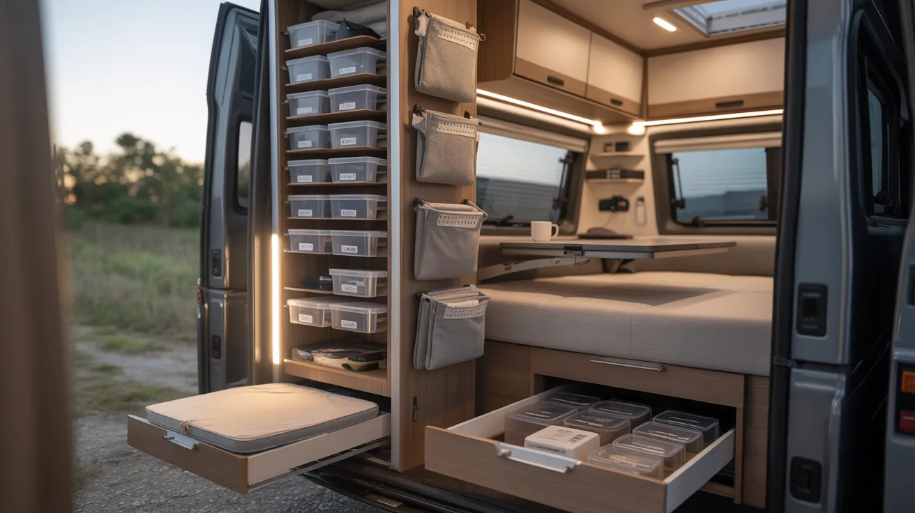 Interior view of a van featuring organized drawers and storage compartments for efficient space utilization.