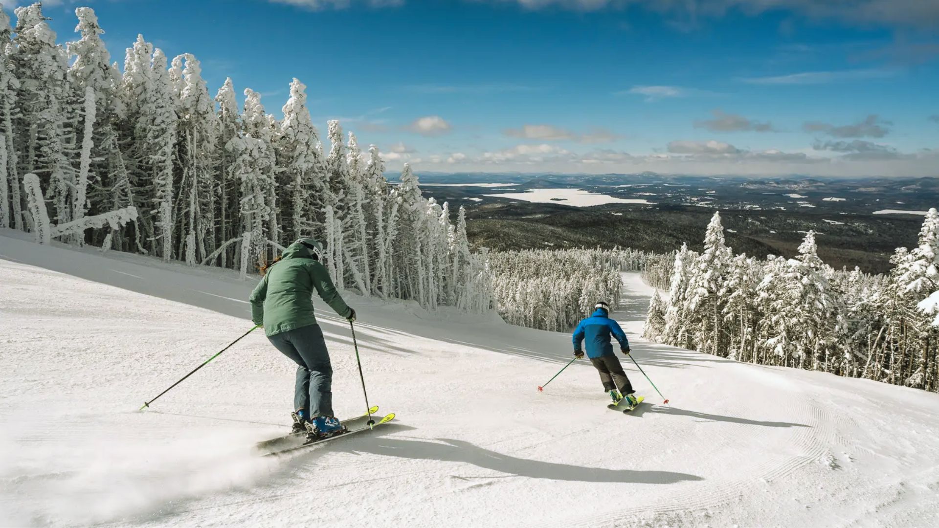 Two skiers in colorful jackets descend a snowy slope bordered by frosted trees under a bright blue sky, evoking a sense of adventure and freedom.
