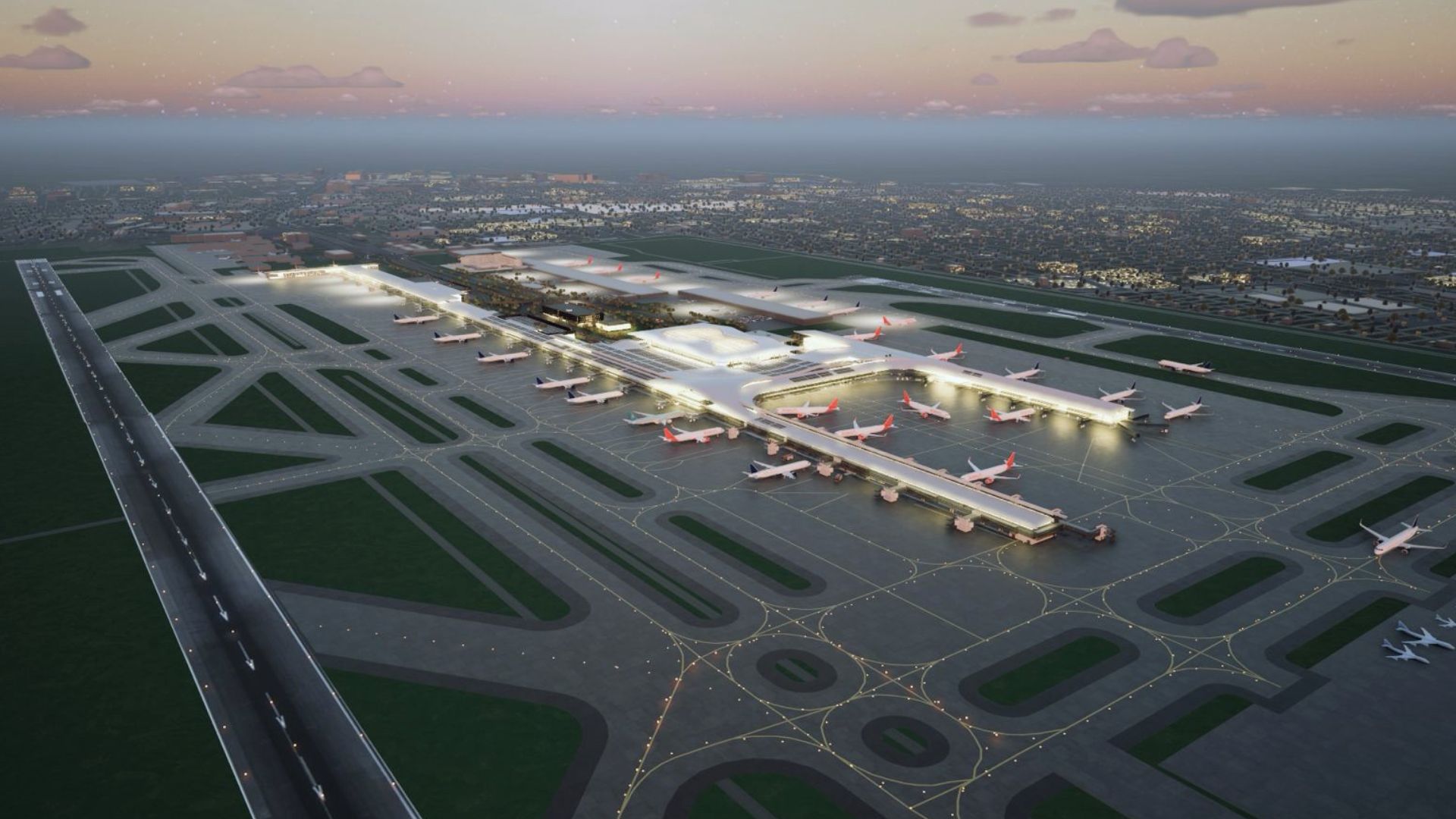 Artist's impression of the new terminal at London Luton Airport, showcasing modern architecture and spacious design.